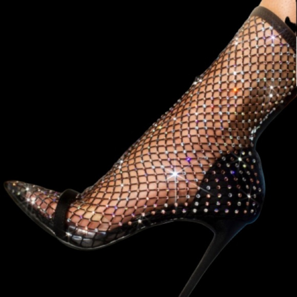 Black fishnet gem heels